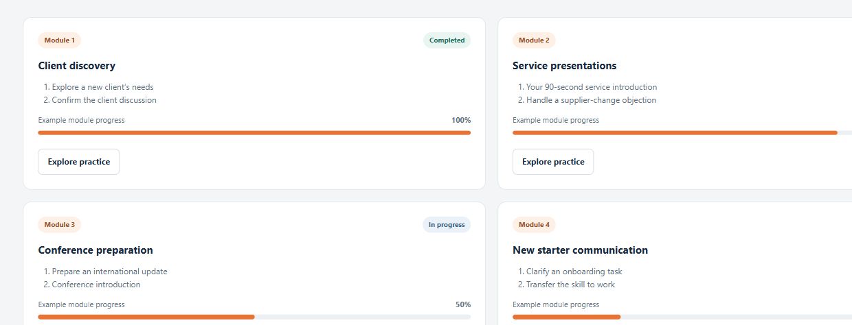 RoleFluent demo modules for workplace communication, with example learning progress