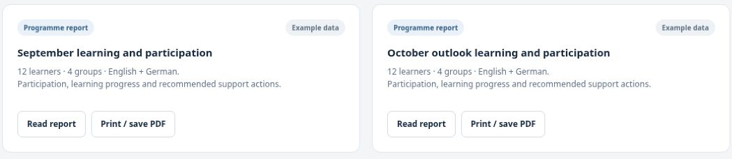 RoleFluent demo programme report cards with example data