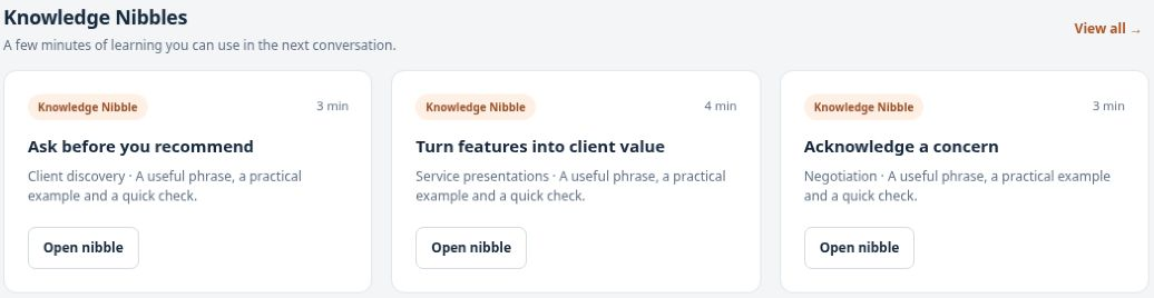 RoleFluent demo Knowledge Nibbles for questions, explaining value and responding to concerns
